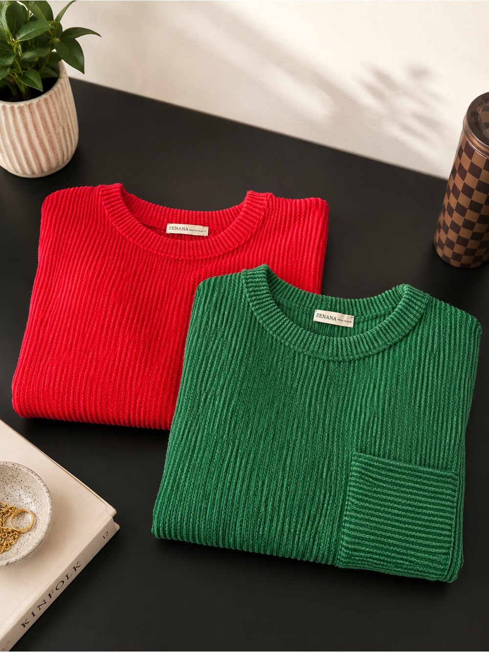 Zenana Outfitters Men's Ribbed Crewneck Sweater - Red & Green
